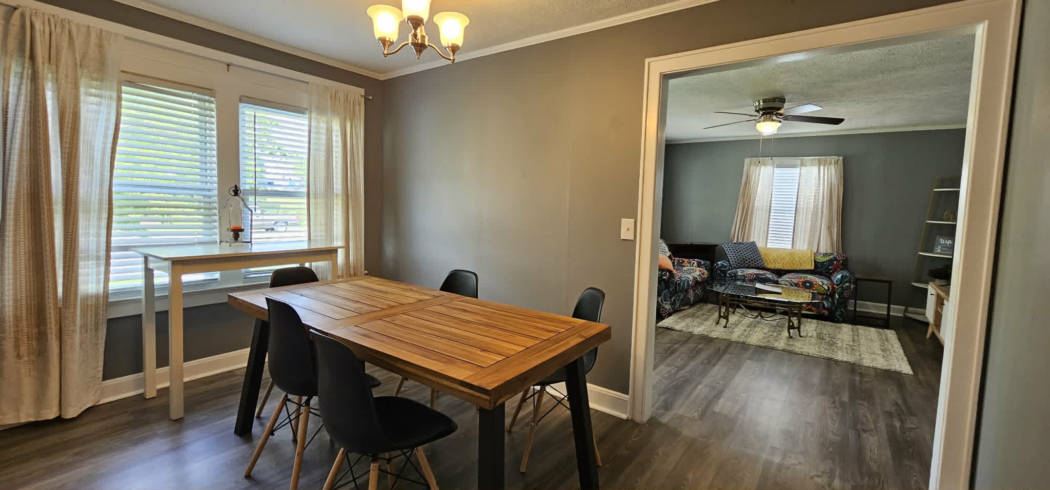 Dining room with wood table seating six